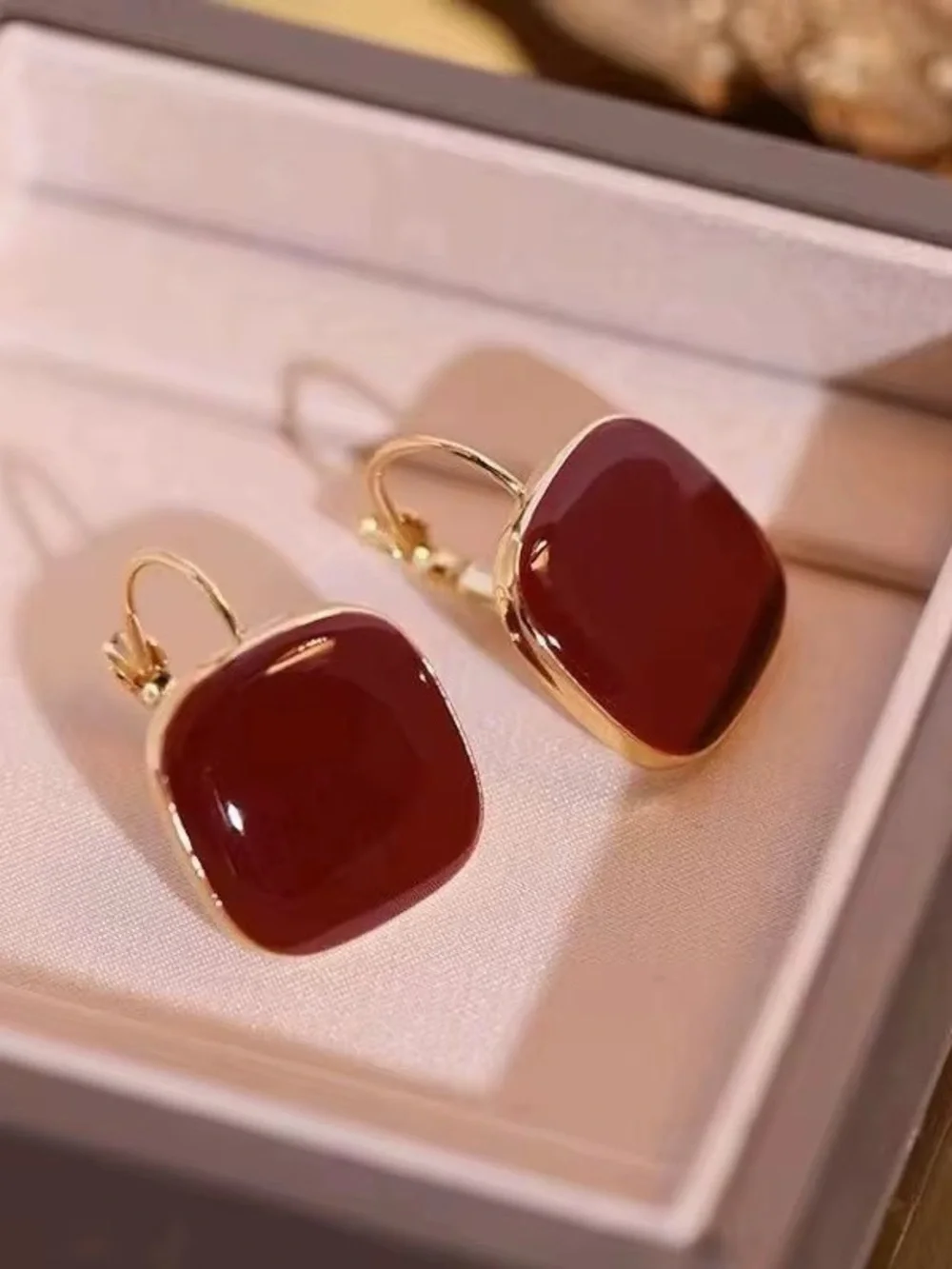 *** Delicate  Gold-Plated Red Square Drop Earrings - Elegant Women’s Jewelry